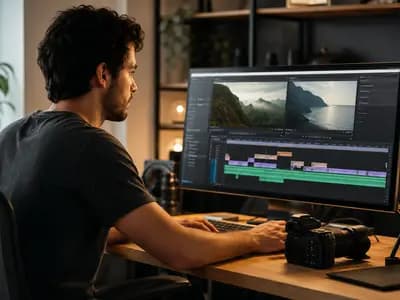 A creator editing digital content in a small studio