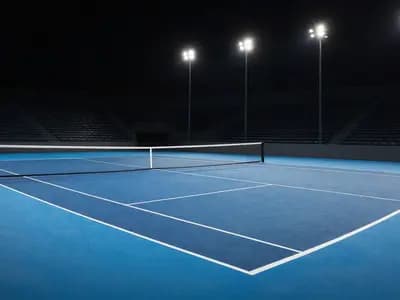 A floodlit hard tennis court at night