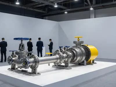 An industrial energy exhibition hall with large equipment displays and delegates