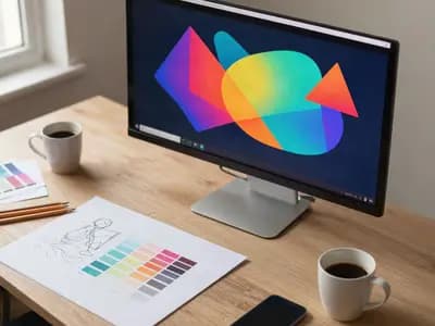 A designer's desk with a screen of layouts and printed sketches