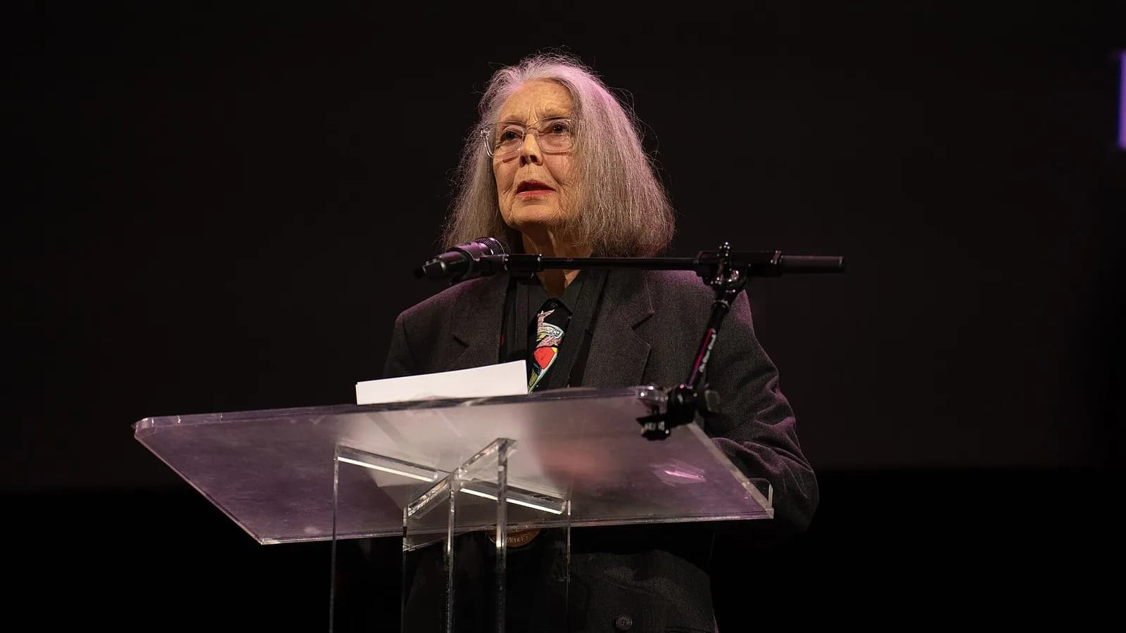 Canadian poet Anne Carson speaking at a National Book Awards finalist reading in the NYU Skirball Center in New York, photographed in November 2024, a file photograph and not from the Nobel announcement