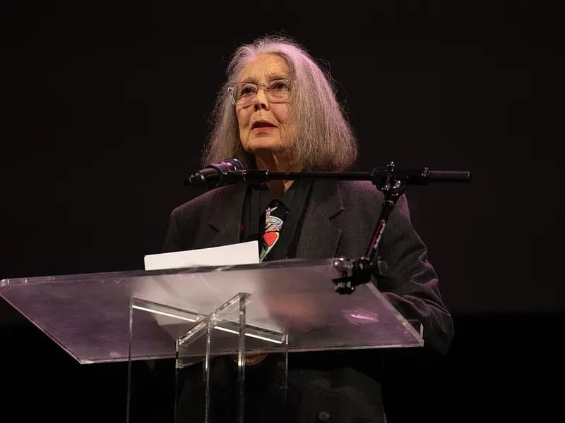Canadian poet Anne Carson speaking at a National Book Awards finalist reading in the NYU Skirball Center in New York, photographed in November 2024, a file photograph and not from the Nobel announcement