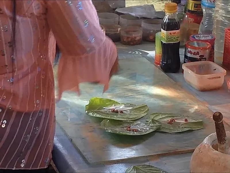 A woman preparing areca nut and betel leaf for chewing at a stall in Myanmar in 2014; the Sulawesi foragers sucked the nut rather than chewing a quid