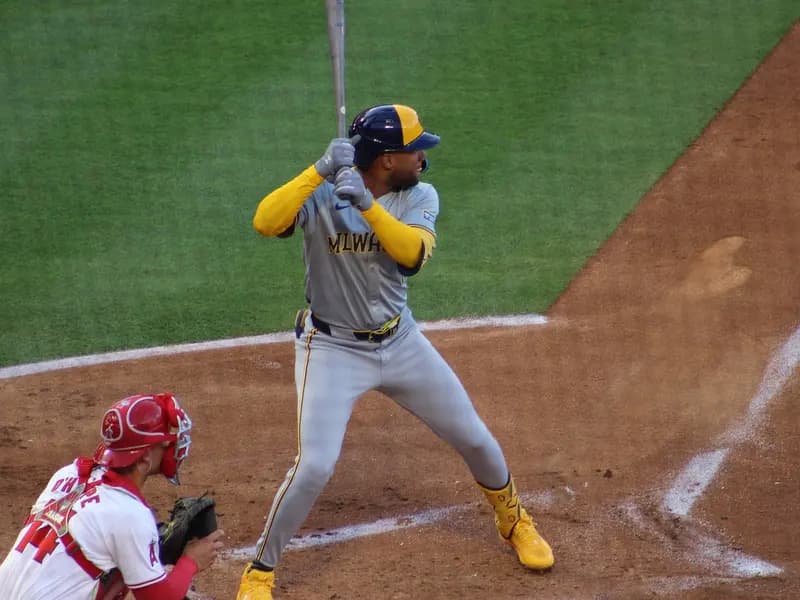 Milwaukee Brewers outfielder Jackson Chourio at bat during a game in June 2024, a file photograph and not from the division series