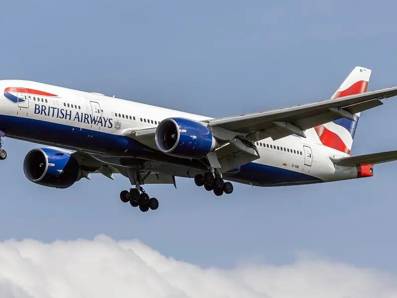 A British Airways Boeing 777-200ER on final approach with landing gear down against a blue sky, photographed on 30 April 2025, a file photograph of the aircraft type and not of the Colombo inaugural flight
