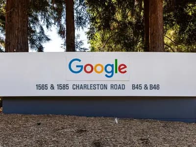 The Google sign outside the company's Charleston Road offices in Mountain View, California, photographed in 2022