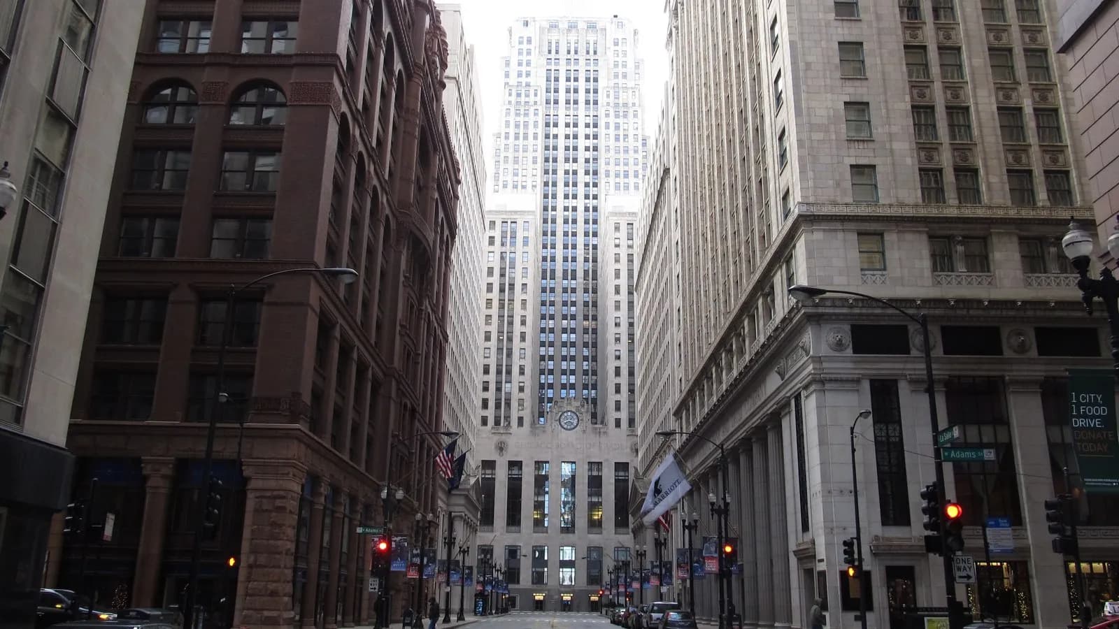 The Chicago Board of Trade building seen down LaSalle Street between the surrounding blocks, the home of CME Group