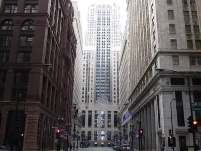 The Chicago Board of Trade building seen down LaSalle Street between the surrounding blocks, the home of CME Group