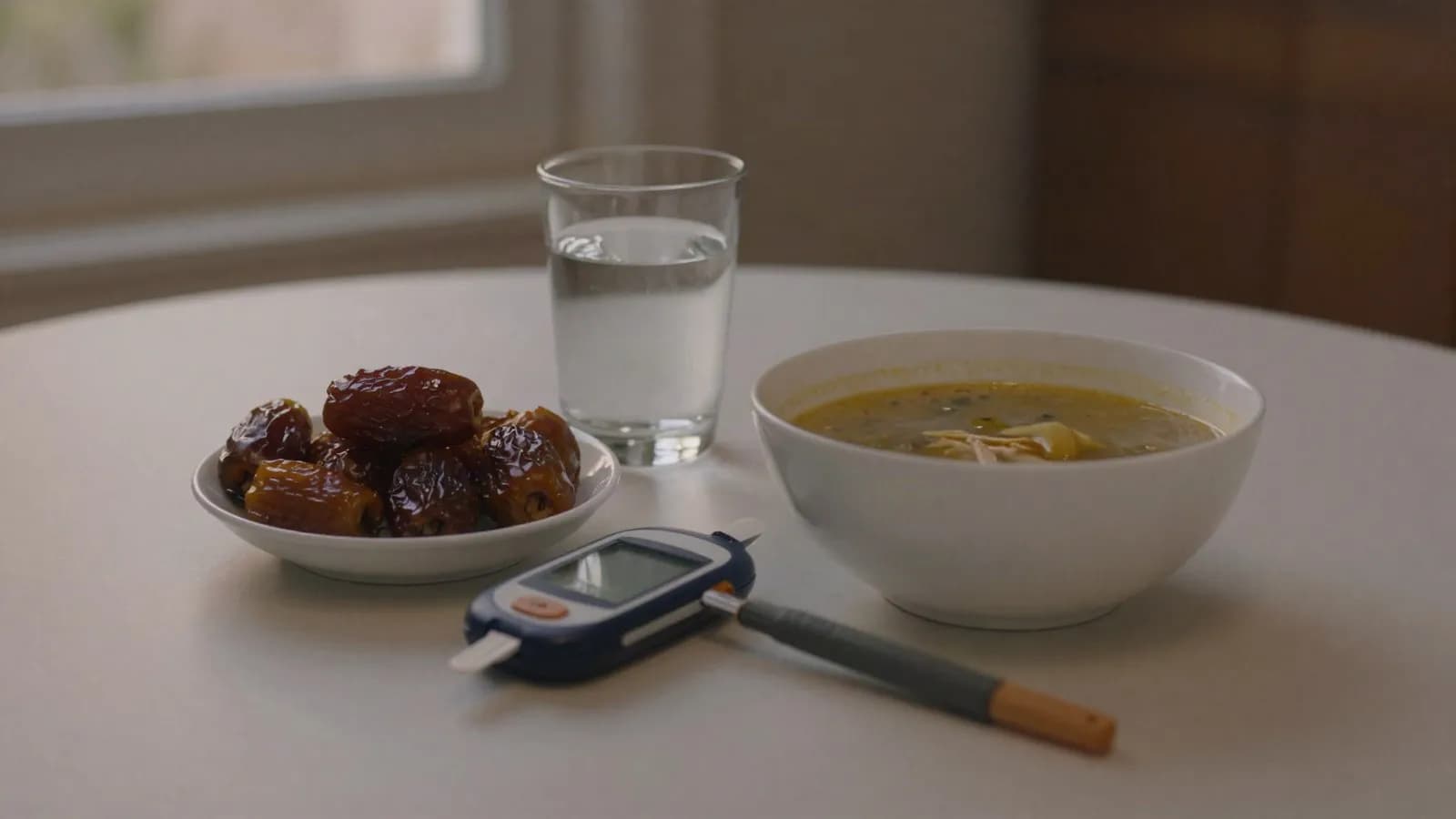 An iftar table at dusk with dates, water and a glucose meter
