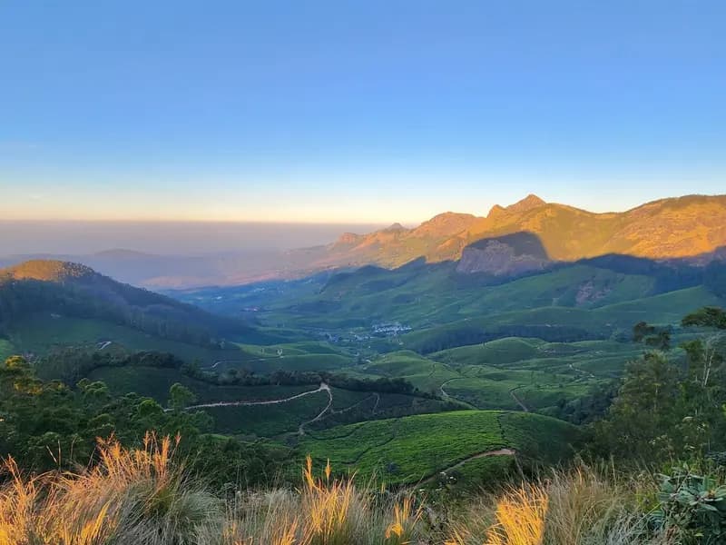 Sunrise over tea plantations and layered mountain ridges at Munnar in Kerala, the low early light that the Ayurvedic daily routine is built around