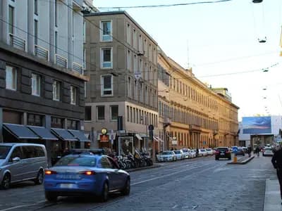 Via Montenapoleone in central Milan, the city's luxury shopping street, seen along the tram tracks