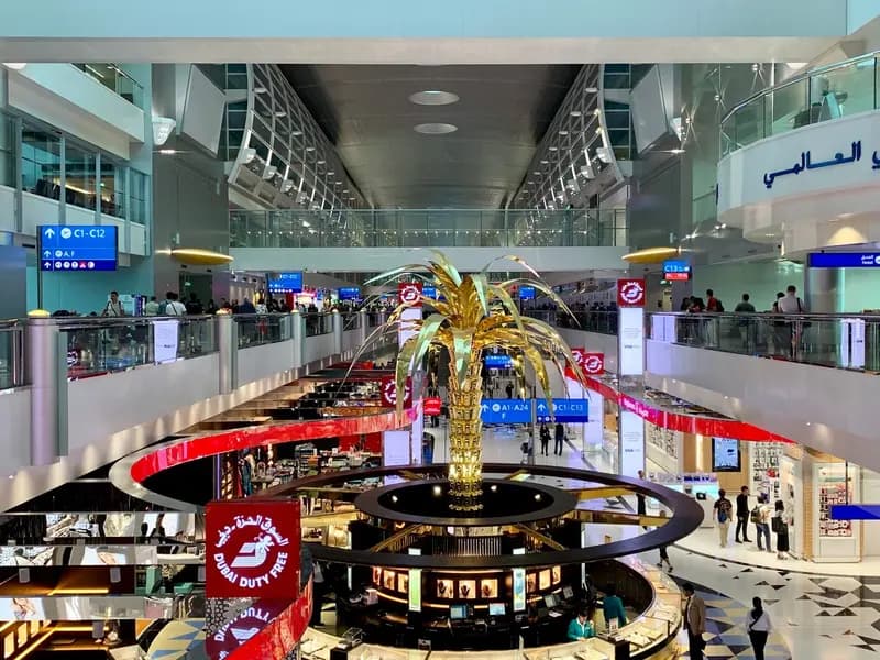 The interior of Terminal 3 at Dubai International Airport, with travellers under its curved roof, photographed in 2019