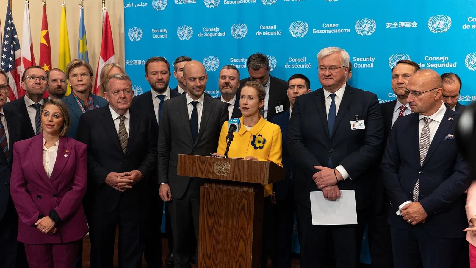 Kaja Kallas, the EU's foreign policy chief, speaking at a podium at a UN Security Council press conference with EU member states' ministers, photographed on 23 September 2026, a file photograph and not from the sanctions announcement
