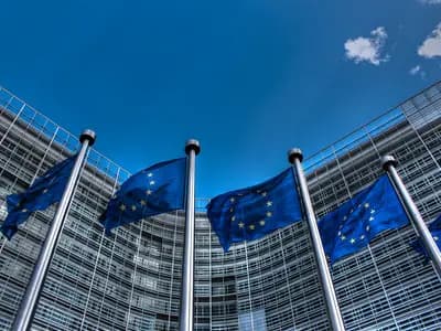 European Union flags outside a government building, representing the bloc's new crypto regulatory framework