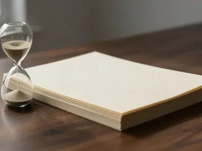 Editorial illustration of an hourglass beside a stack of blank paper on a dark desk