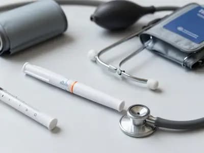 An injection pen beside a stethoscope and blood pressure cuff
