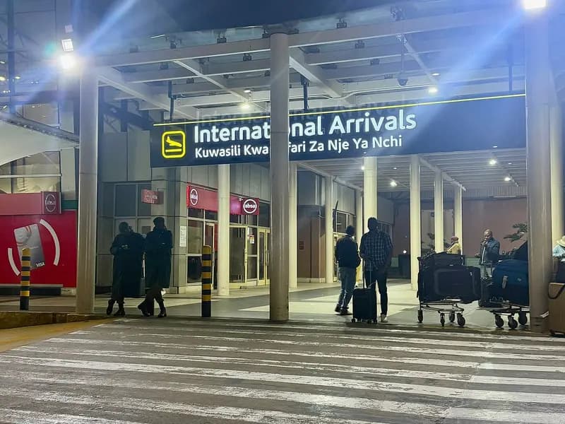The international arrivals entrance at Jomo Kenyatta International Airport in Nairobi, photographed in August 2025, a file photograph illustrative of the airport and not of the patient or the response
