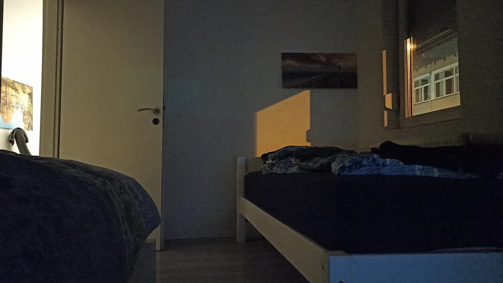 A dark bedroom at night with a street light shining through the window onto the bed, the kind of low light the study measured