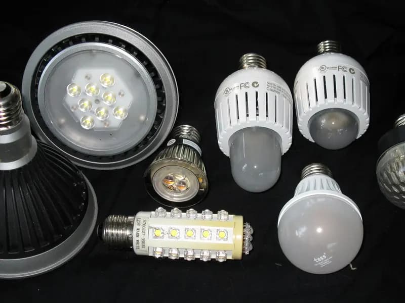 A selection of LED light bulbs of different shapes and sizes laid out on a dark cloth, photographed in July 2010