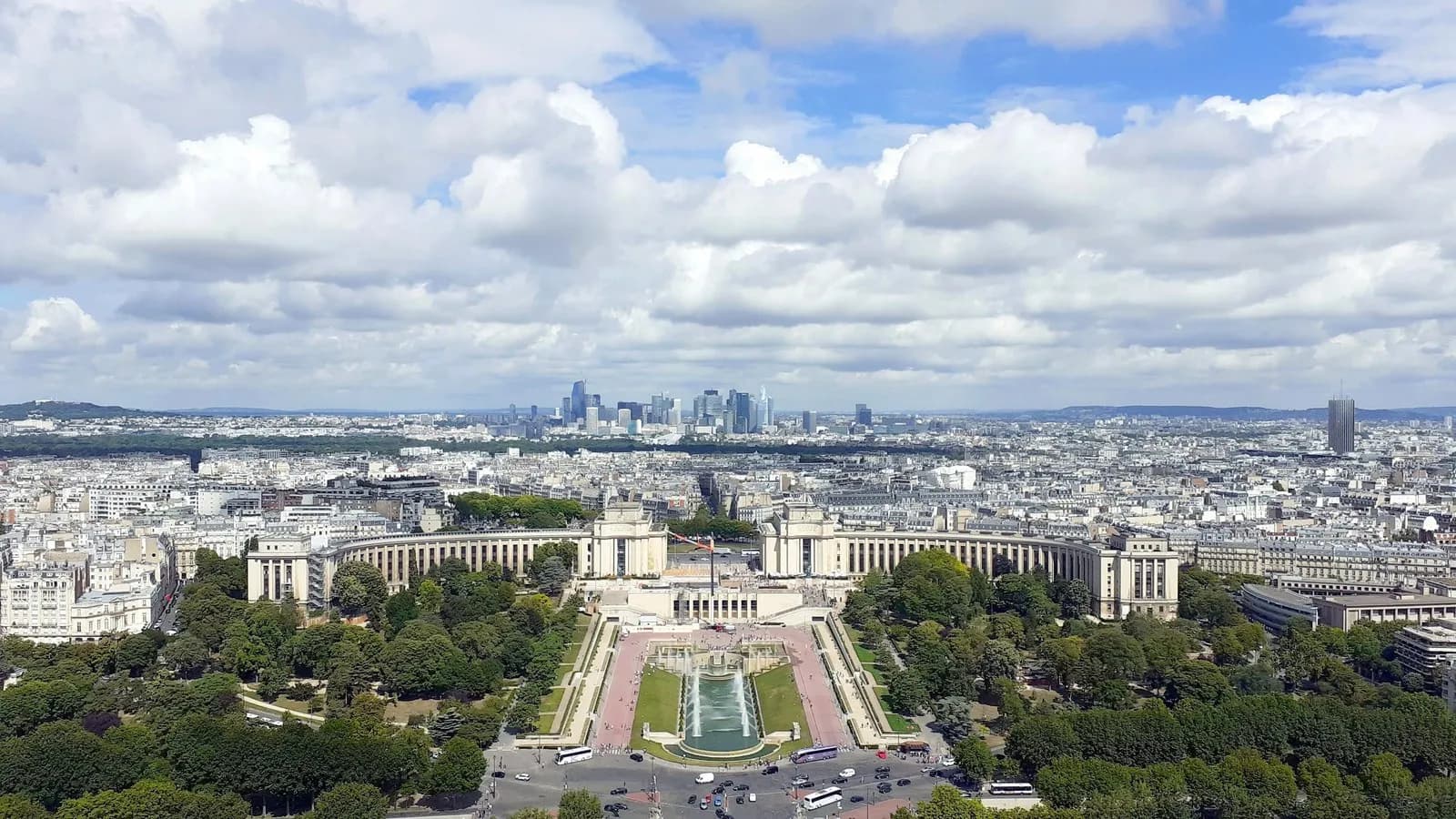 Paris seen from the Eiffel Tower, with the Trocadero in the foreground and the towers of La Defense on the horizon; Mistral is based in the city