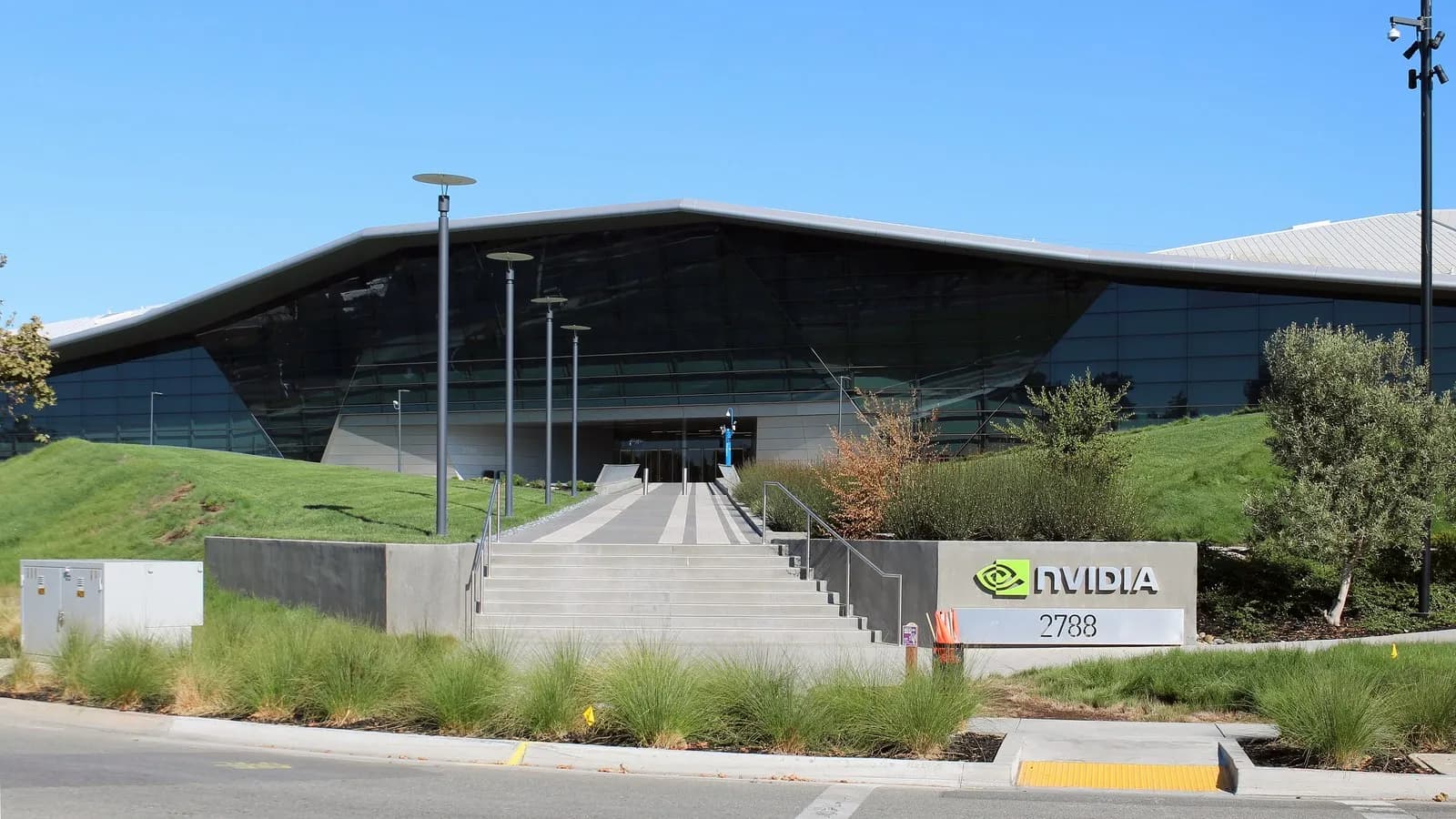 The entrance to Nvidia's headquarters campus in Santa Clara, California, with the company's sign beside the steps