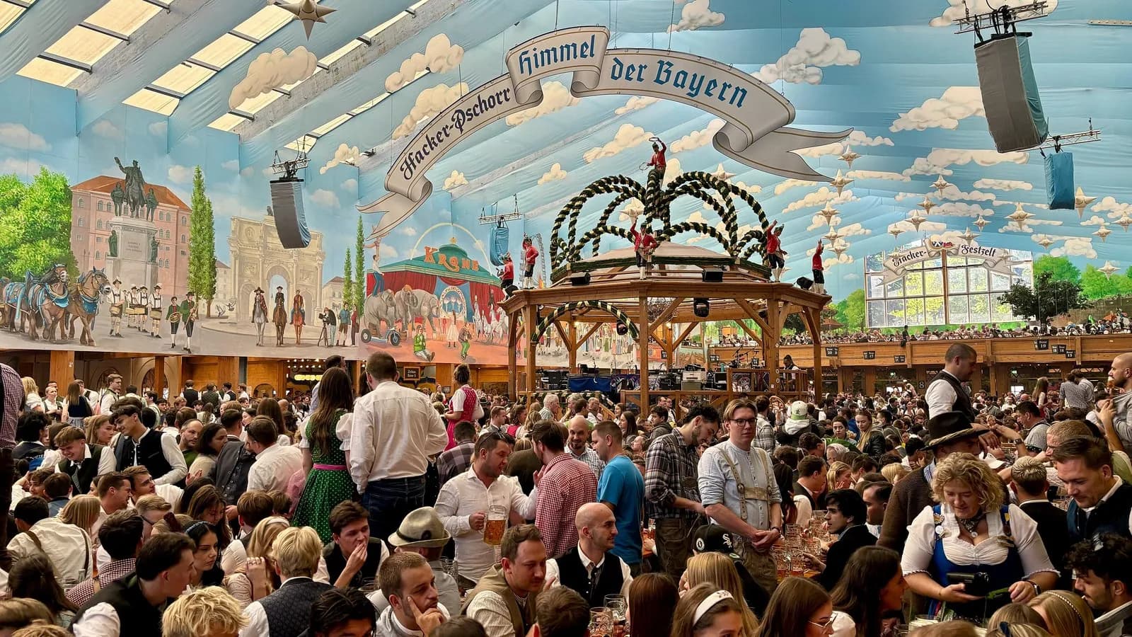 Crowds inside the Hacker-Festzelt tent at Oktoberfest on the Theresienwiese in Munich, photographed on 3 October 2025 and not this year's festival