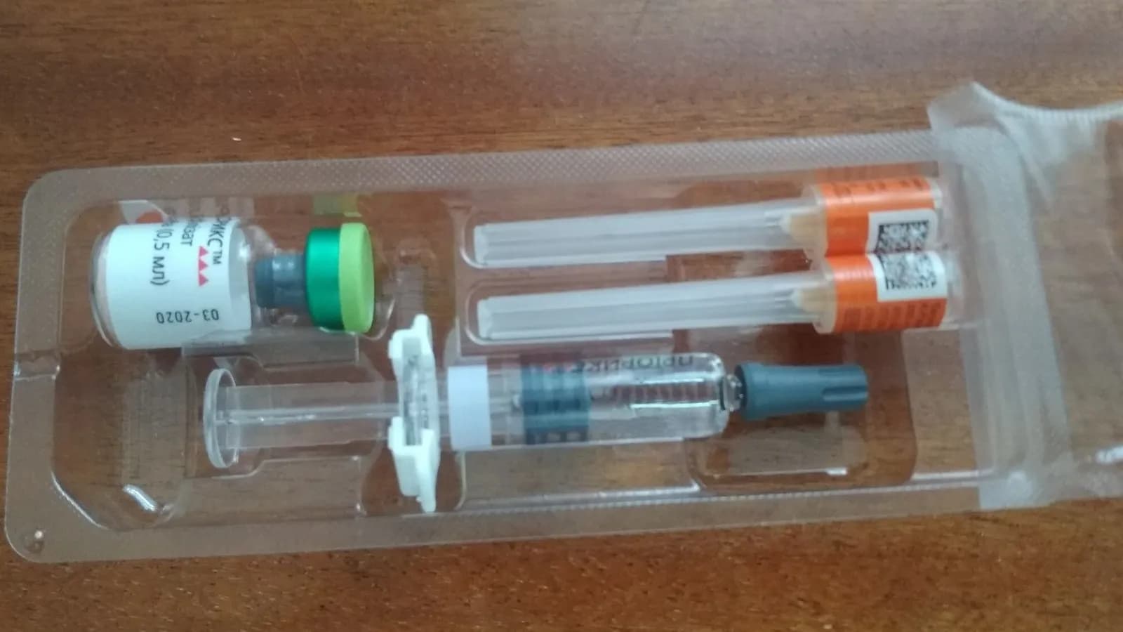 A vial and pre-filled syringe of Priorix, a measles, mumps and rubella vaccine, in its blister pack