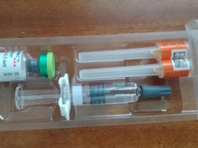 A vial and pre-filled syringe of Priorix, a measles, mumps and rubella vaccine, in its blister pack