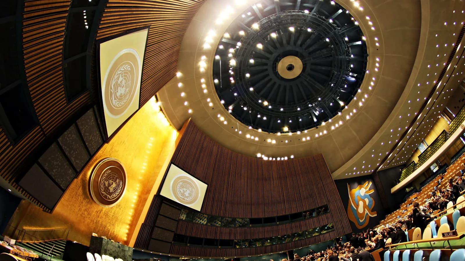 The United Nations General Assembly Hall in New York, where Iran's president addressed the chamber, photographed in April 2011