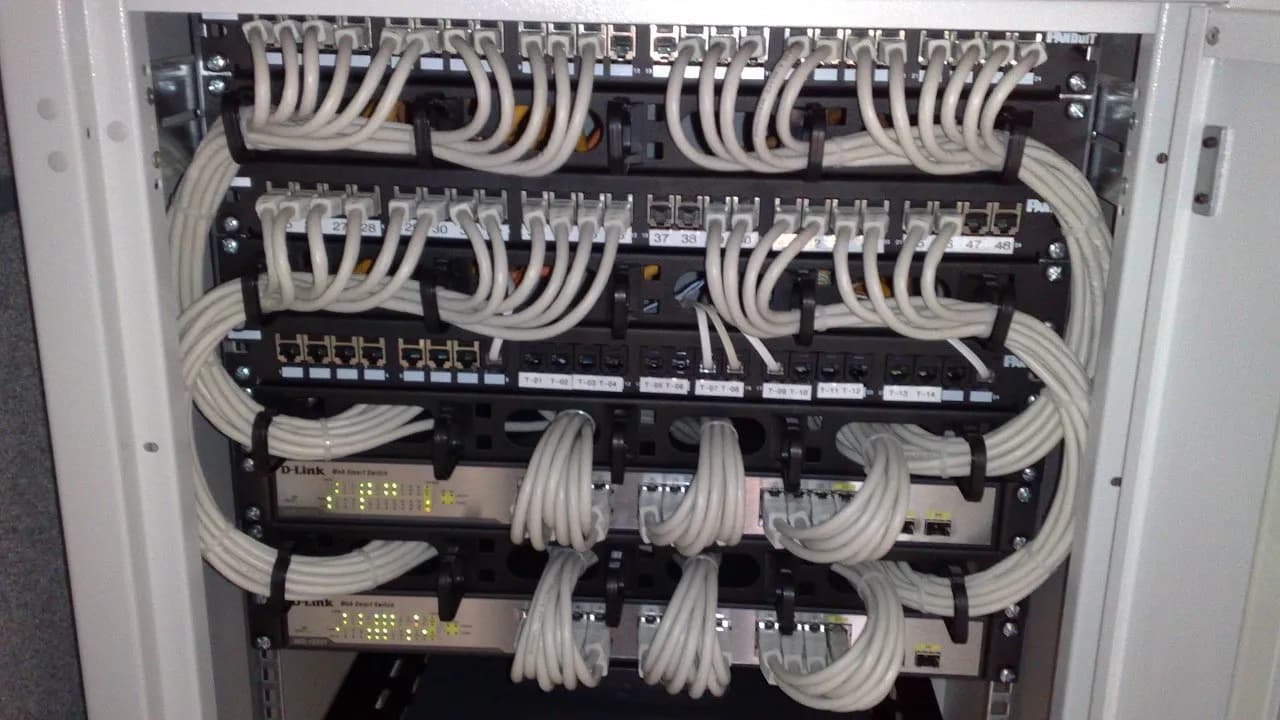 A 19-inch rack of Ethernet switches and patch panels with grey patch cables looped neatly down the sides, photographed on 23 October 2009, a file photograph illustrative of hosting infrastructure and not of any provider named
