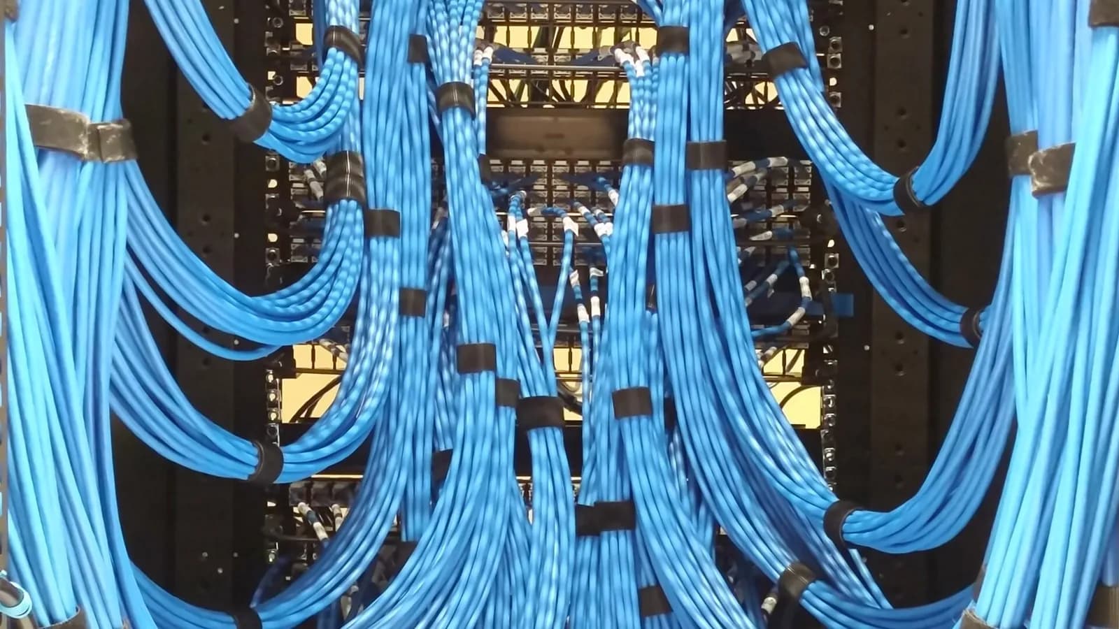 Bundles of blue network cables fanned out across a patch panel in a wiring cabinet, photographed on 21 November 2017, a file photograph illustrative of network cabling and not of any system attacked