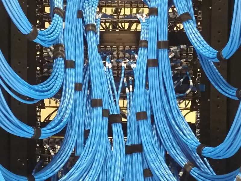 Bundles of blue network cables fanned out across a patch panel in a wiring cabinet, photographed on 21 November 2017, a file photograph illustrative of network cabling and not of any system attacked
