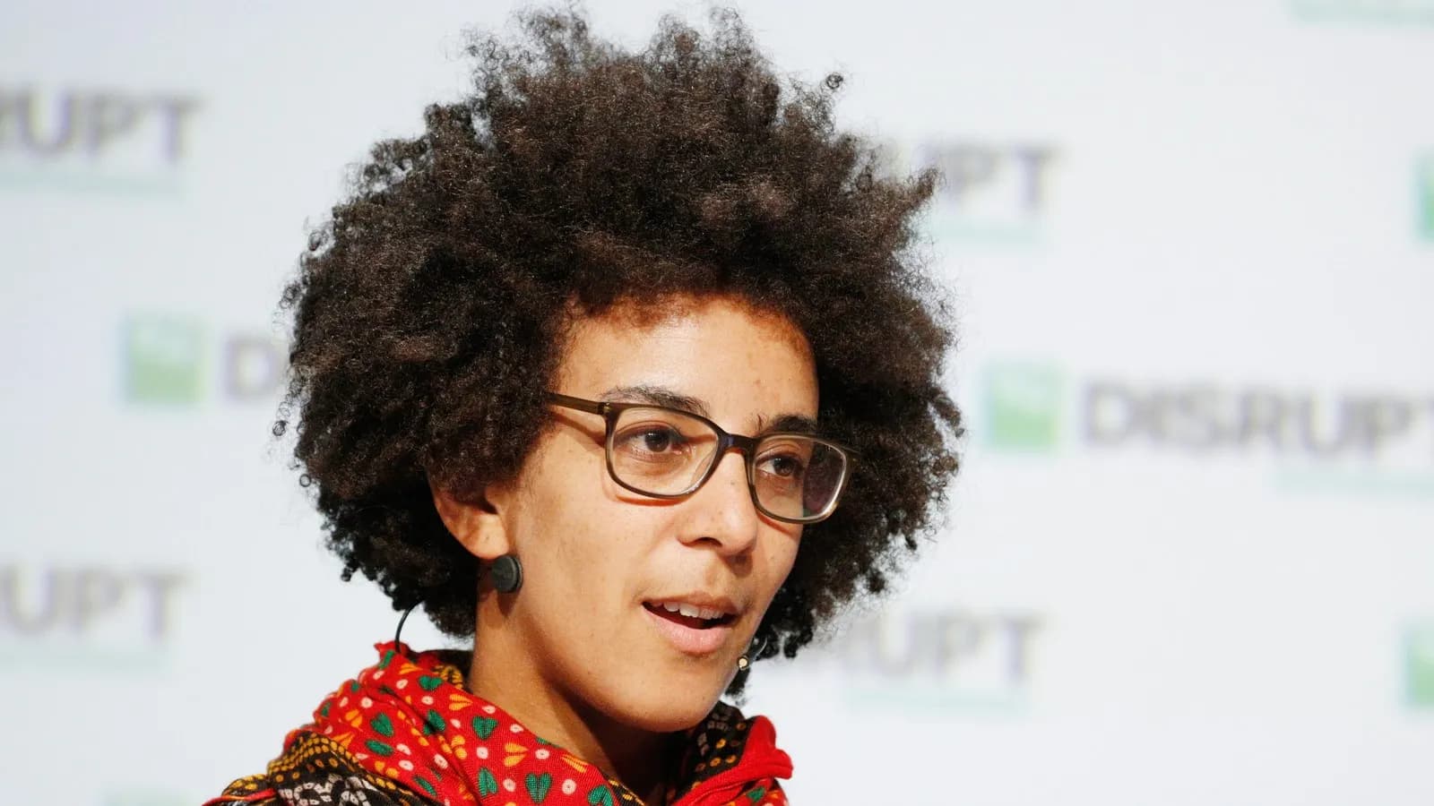 Timnit Gebru, one of the 2026 Right Livelihood laureates, speaking at TechCrunch Disrupt San Francisco in September 2018