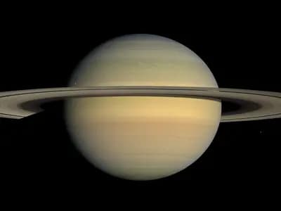 Saturn and its rings in natural colour, imaged by the Cassini spacecraft. The new decagon at the south pole is not visible in this view