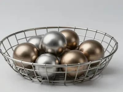 Editorial illustration of a wire basket holding polished metal spheres of different sizes