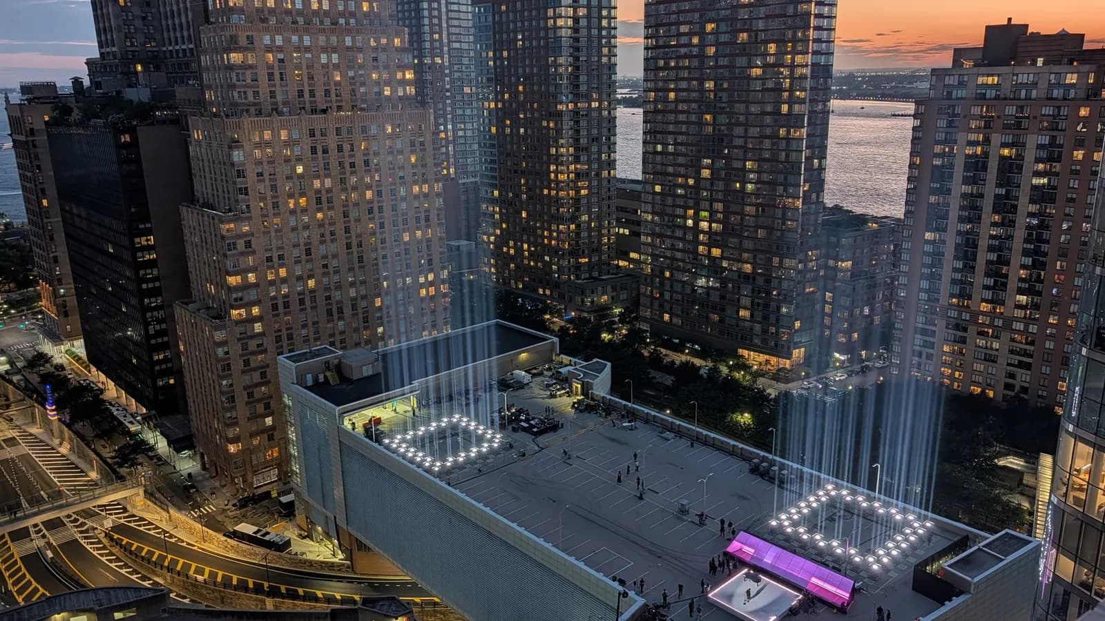 The Tribute in Light installation on the roof of the Battery Parking Garage in Lower Manhattan, seen from above at its switch-on on the evening of 10 September 2026