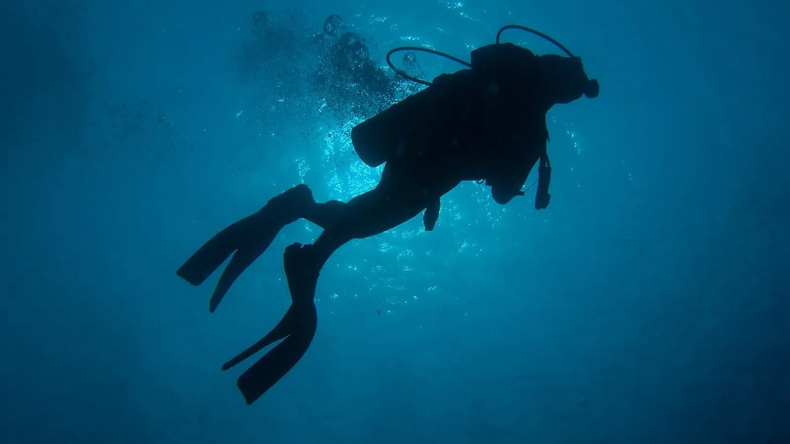 A single scuba diver in silhouette against bright water above, with nobody else in the frame