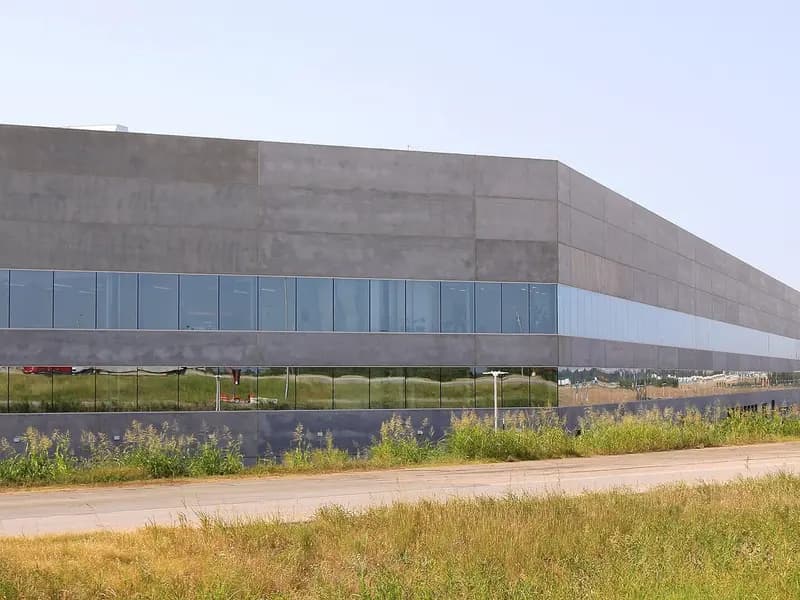 A long grey Tesla Gigafactory Texas building with a band of glass near Austin, photographed on 17 June 2022, a file photograph of the factory and not of this quarter's production