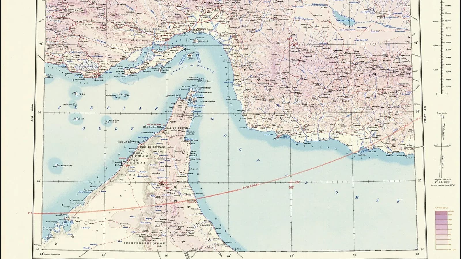 A 1945 British War Office map of the Persian Gulf, the Strait of Hormuz and the Musandam peninsula in pale blue and pink, an illustrative historical map and not a photograph of any incident