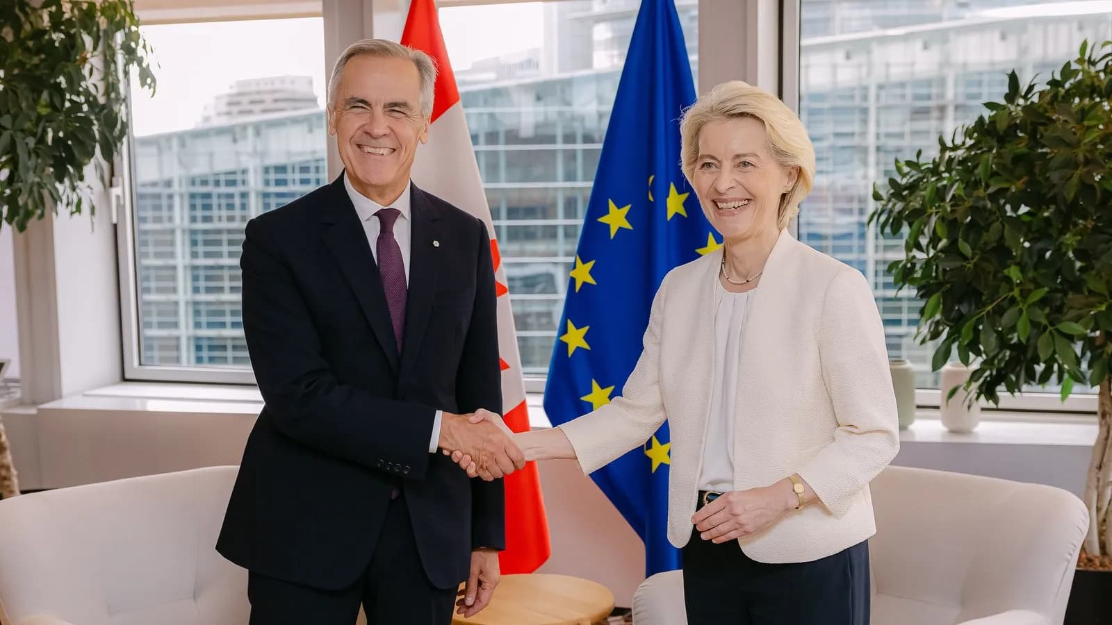 Mark Carney and Ursula von der Leyen shake hands before her State of the Union address in Strasbourg on 16 September 2026, in a European Commission photograph