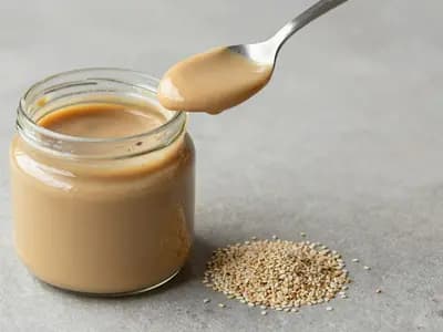 A jar of pale tahini with a spoon lifting a ribbon of the paste