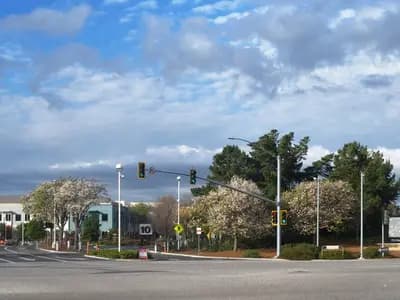 The Meta sign at 1 Hacker Way, the company's headquarters in Menlo Park, California, photographed in 2022